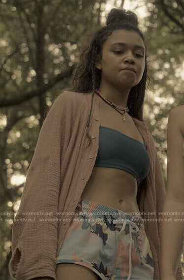 Kiara's green bikini top, printed board shorts and over shirt on Outer Banks