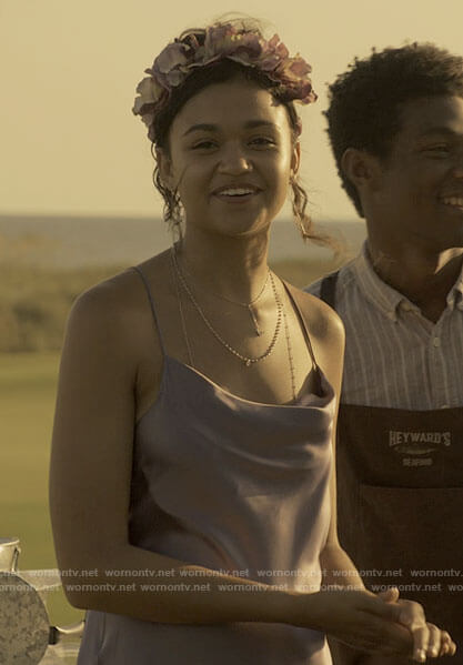 Kiara's purple satin maxi dress on Outer Banks
