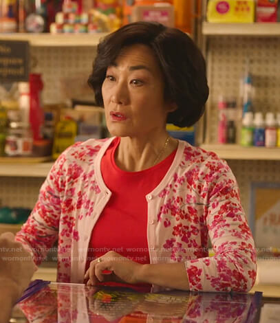 Mrs. Kim's pink floral cardigan on Kims Convenience
