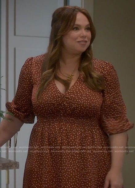 Kristin's tan brown polka dot midi dress on Last Man Standing