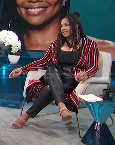 Kym's red striped long cardigan on E! News Daily Pop