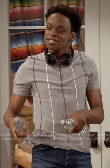 Lane's grey vertical stripe polo shirt on Call Your Mother