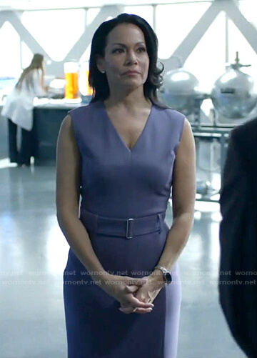 Lauren Caruso's purple v-neck belted dress on Black Lightning
