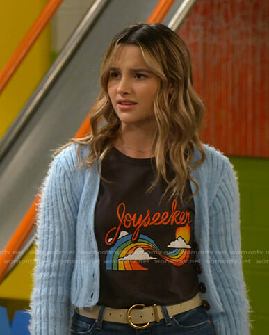 Lex's Joyseeker print top and blue cropped cardigan on Side Hustle