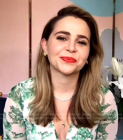 Mae Whitman's white and green printed dress on The Drew Barrymore Show
