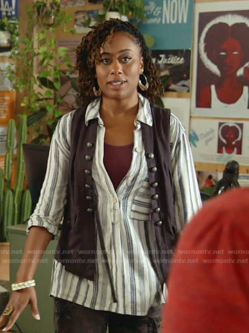 Malika's white striped oversized shirt and vest on Good Trouble