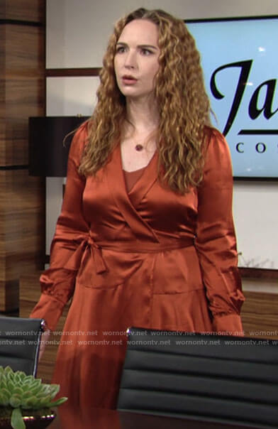 Mariah's orange satin wrap dress on The Young and the Restless