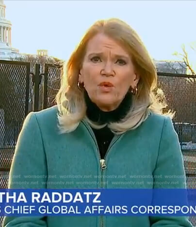 Martha Raddatz's green zip front coat on Good Morning America