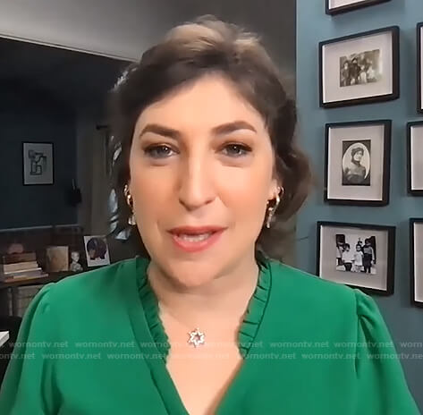 Mayim Bialik's green ruffle neck top on The Drew Barrymore Show