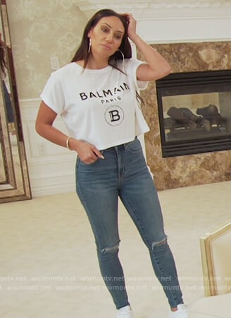 Melissa's white Balmain logo cropped tee on The Real Housewives of New Jersey