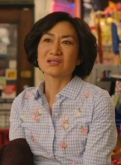 Mrs. Kim's blue gingham floral embroidered blouse on Kims Convenience