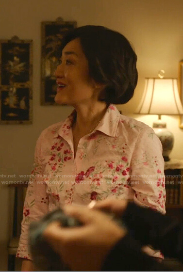 Mrs. Kim's pink floral button down blouse on Kims Convenience
