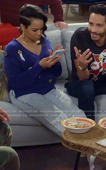 Randi's blue embellished sweater and pearl studded jeans on Call Me Kat