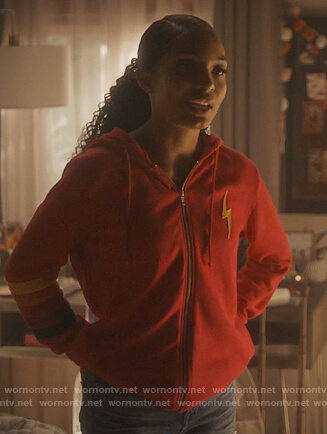 Zoey's red lightning bolt hoodie on Grown-ish
