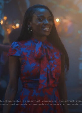 Rochelle's blue floral print tie dress on Grown-ish