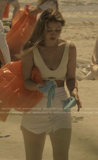 Sarah's checked bikini and white buttoned skirt on Outer Banks