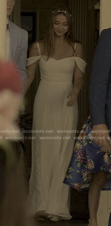 Sarah's white cold shoulder maxi dress on Outer Banks