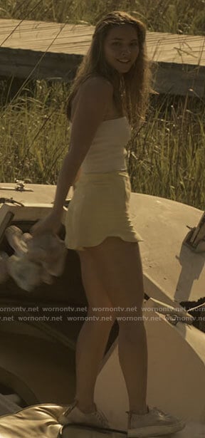 Sarah's white tube top and yellow shorts on Outer Banks
