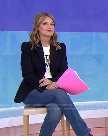 Savannah's white Unite Women print tee and black blazer on Today