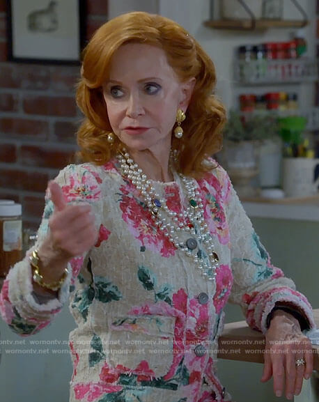 Sheila's floral tweed jacket and skirt on Call Me Kat