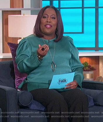Sheryl's teal satin puff sleeve blouse on The Talk