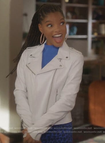 Skylar's white leather moto jacket and leopard pants on Grown-ish