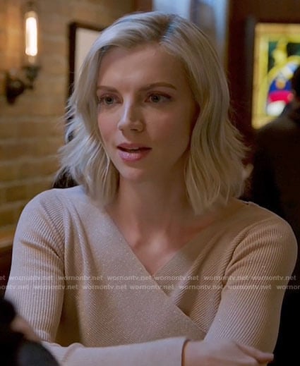Sylvie's beige wrap front top on Chicago Fire