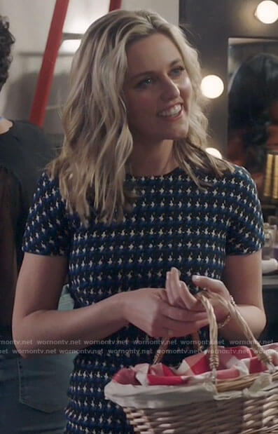 Tami's blue houndstooth sheath dress on Kenan