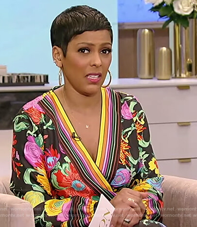 Tamron's black floral wrap dress on Tamron Hall Show