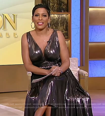 Tamron's silver metallic sleeveless dress on Tamron Hall Show