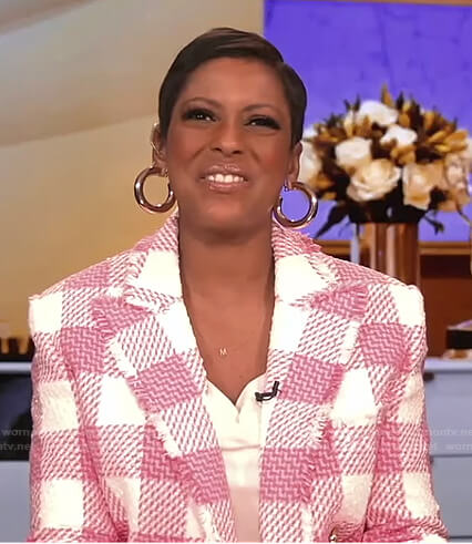 Tamron's pink and white check tweed jacket on Tamron Hall Show