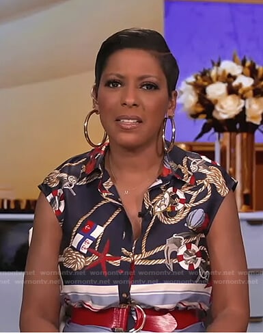 Tamron's blue printed belted dress on Tamron Hall Show