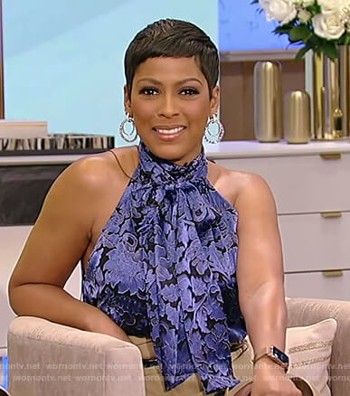 Tamron's blue floral halter top and skirt on Tamron Hall Show