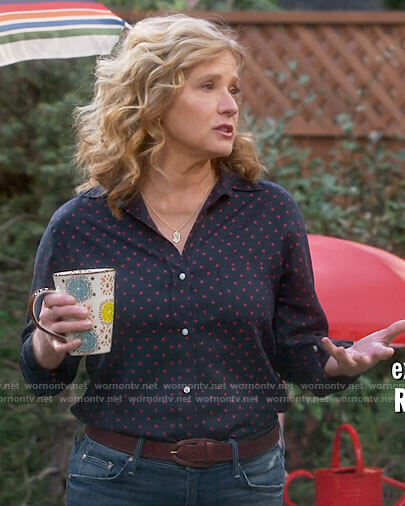 Vanessa's navy and red polka dot shirt on Last Man Standing