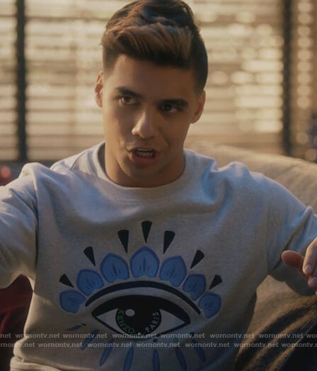 Vivek's gray eye embroidered sweatshirt on Grown-ish