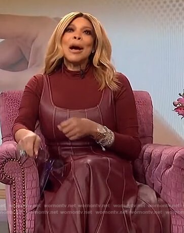 Wendy's burgundy turtleneck sweater and leather dress on The Wendy Williams Show