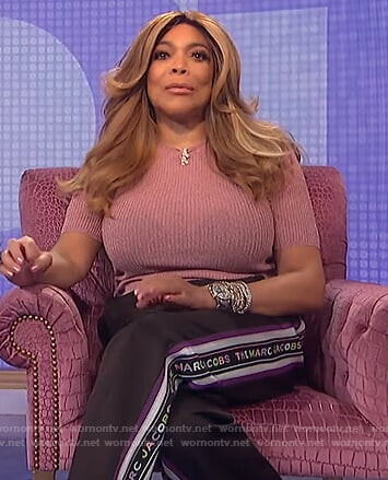 Wendy's pink metallic knit top and trackpants on The Wendy Williams Show