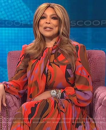 Wendy's abstract print tie neck dress on The Wendy Williams Show