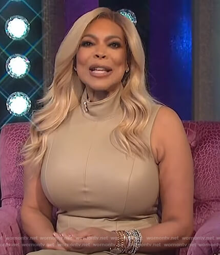Wendy's beige sleeveless leather dress on The Wendy Williams Show