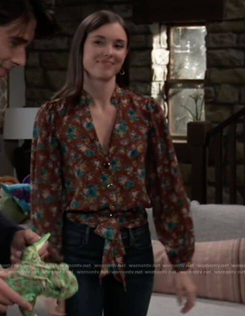 Willow's brown floral wrap blouse on General Hospital