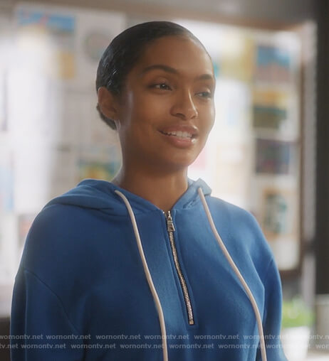 Zoey's blue half zip hoodie on Grown-ish