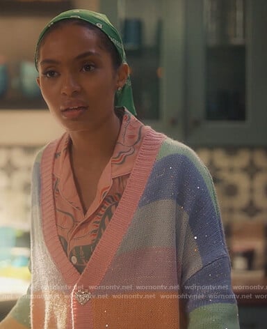 Zoey's rainbow stripe embellished cardigan on Grown-ish