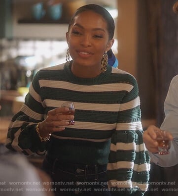 Zoey's green striped balloon sleeve sweater on Grown-ish