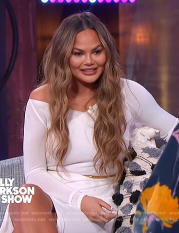 Chrissy Teigen white sheer slit dress on The Kelly Clarkson Show