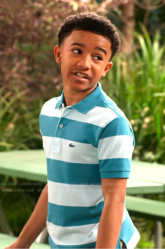 Mazzi's blue striped polo shirt on Family Reunion