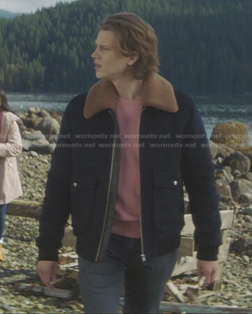 Ace's navy shearling collar jacket on Nancy Drew