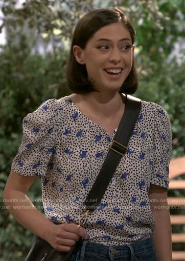 Adriana's white and blue printed top on B Positive