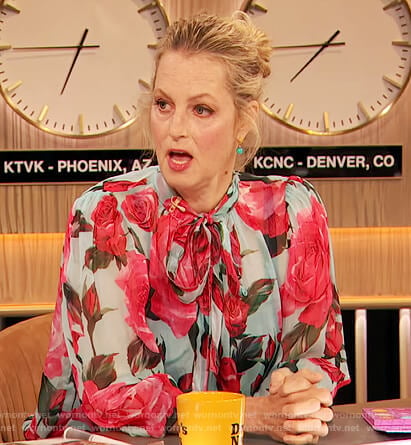 Ali Wentworth's rose print tie neck blouse on The Drew Barrymore Show