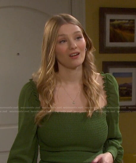 Allie's green smocked square neck top on Days of our Lives