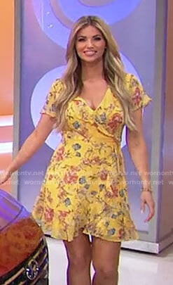 Amber's yellow floral wrap dress on The Price is Right